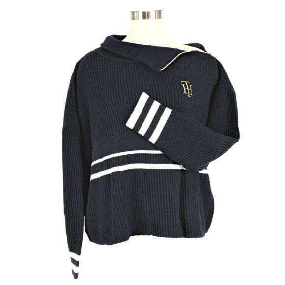 Tommy Hilfiger Sweater Ribbed Knit Shoulder Zip Varsity Turtleneck Blue Sz 2XL - Picture 1 of 10